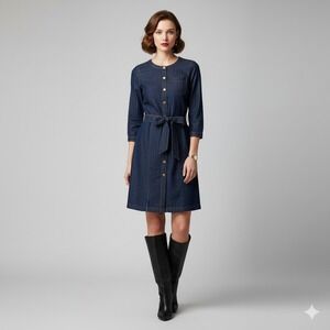 Talbots‎ Petite Denim Shirt Dress Tie Belt 3/4 Sleeve 100% Cotton Button Front P